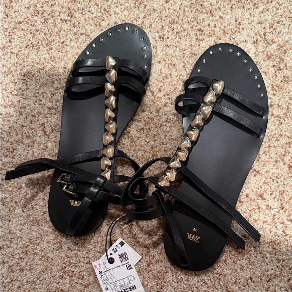 Zara Black leather Sandals with Gold Studs